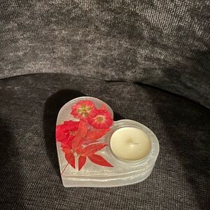 Heart-Shaped Candle Holder with Red Floral Design